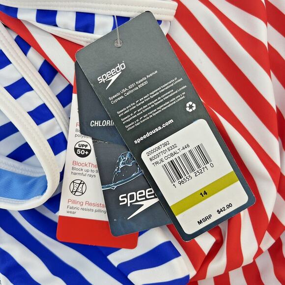 Speedo Girls One-Piece Swimsuit Size 14 Red White Blue Striped Patriotic NWT - Picture 3 of 3